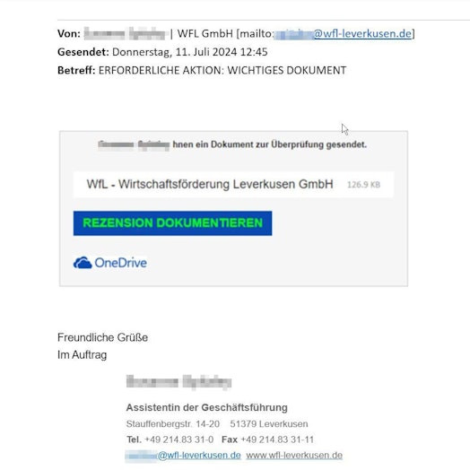 Phishing-mail von der Wirtschaftsförderung Leverkusen.