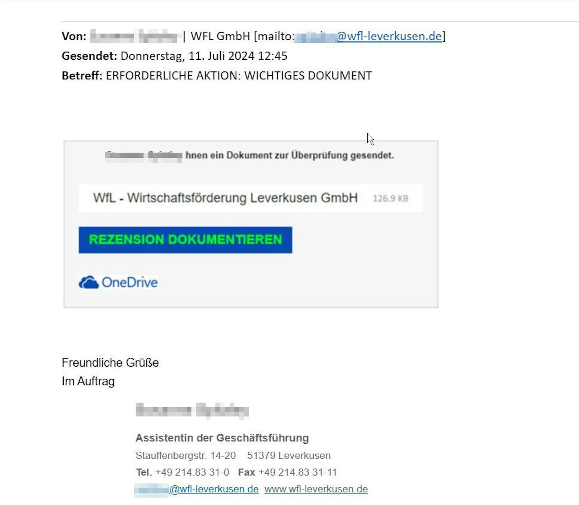 Phishing-mail von der Wirtschaftsförderung Leverkusen.