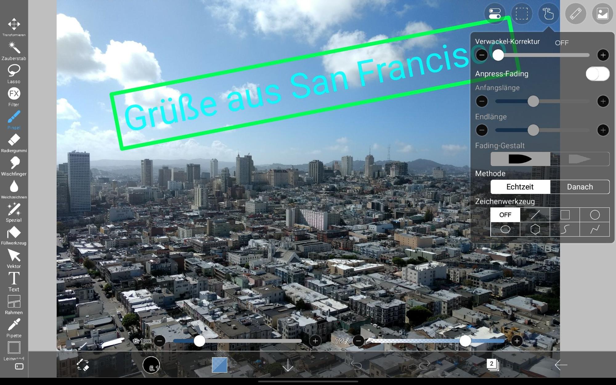 Screenshot der Android-App Ibis Paint X mit einem Skyline-Foto, auf dem der Sriftzug „Grüße aus San Francisco“ platziert wurde.
