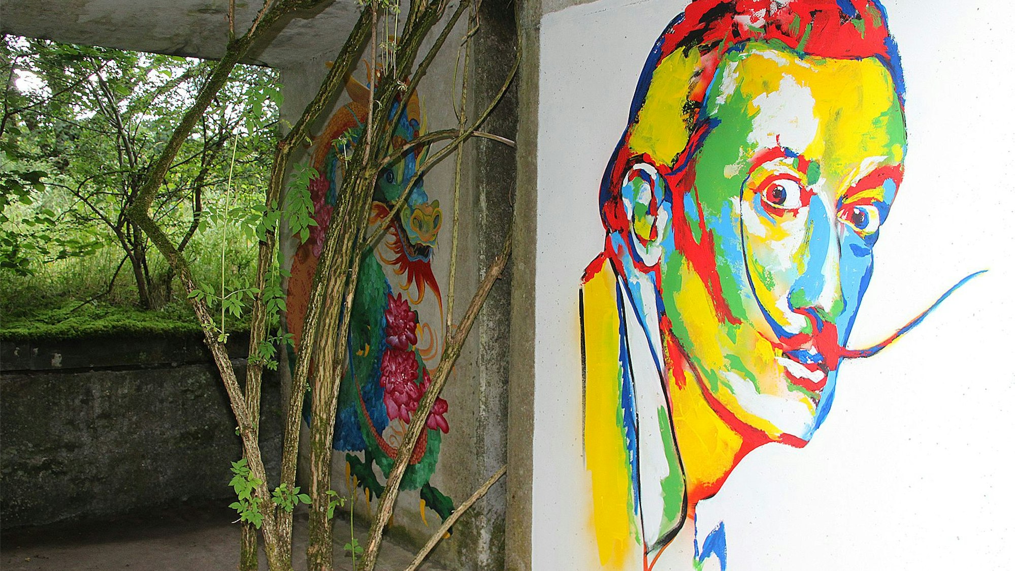 Ein Gemälde auf einer Beton-Wand zeigt ein buntes Porträt von Salvador Dalí. Auf der Links daneben sieht man einen bunten Drachen.