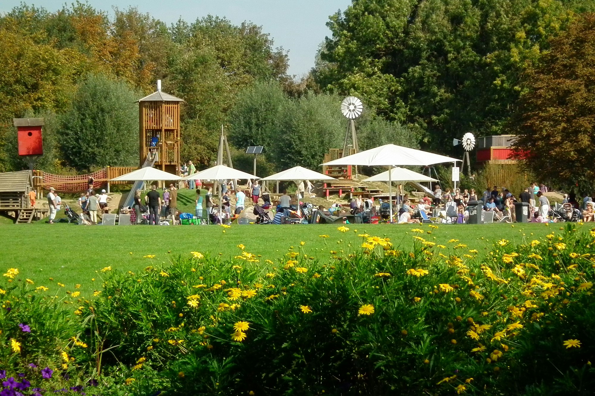 Brückenkopfpark Jülich: Wiesen mit Sonnenschirmen und Besuchern sind zu sehen.