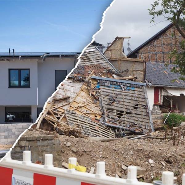 Durch eine schräge, weiße Linie abgetrennt sind zwei Bilder aus Bad Münstereifel-Iversheim. Links ist ein neues Haus zu sehen, rechts die gleiche Stelle nach der Flutkatastrophe 2021 mit einem zerstörten Haus.