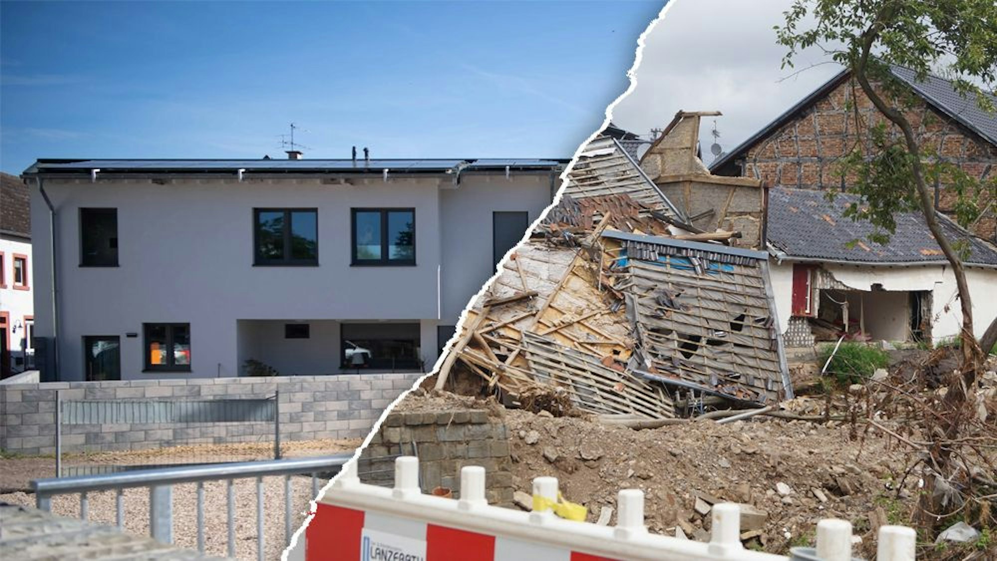 Durch eine schräge, weiße Linie abgetrennt sind zwei Bilder aus Bad Münstereifel-Iversheim. Links ist ein neues Haus zu sehen, rechts die gleiche Stelle nach der Flutkatastrophe 2021 mit einem zerstörten Haus.