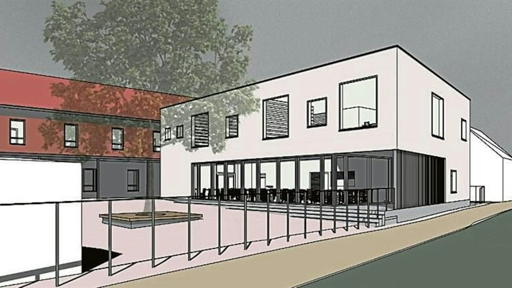 Ein zweigeschossiger Bau, im Erdgeschoss eine große Fensterfront.