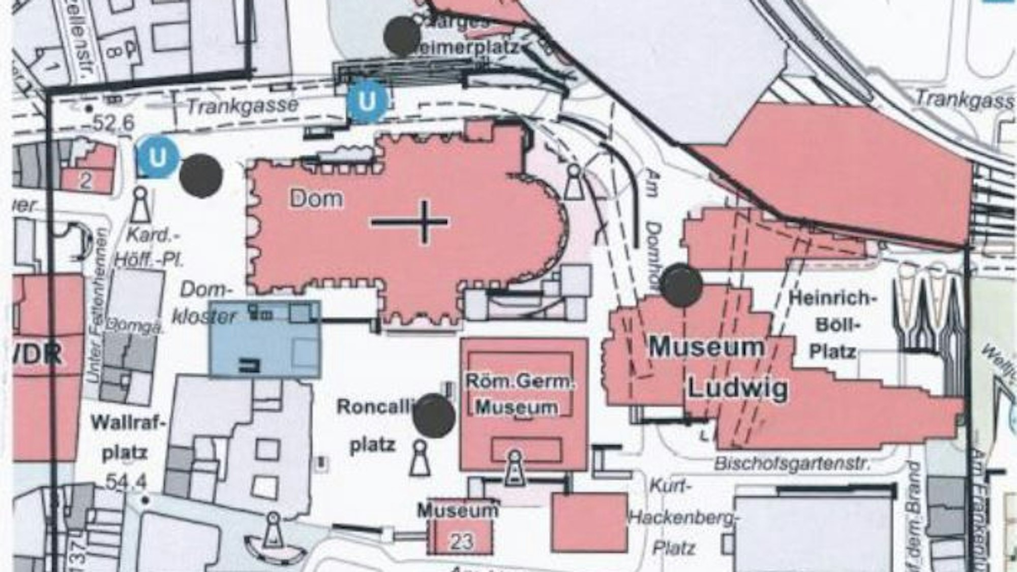 Karte mit den vier erlaubten Standorten für Straßenmusik am Dom