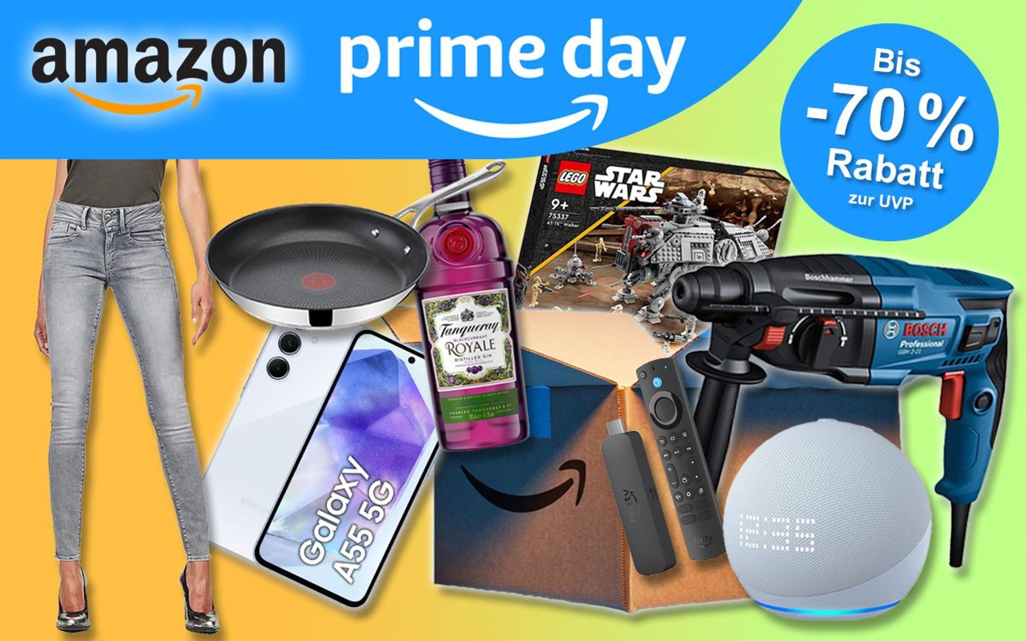 Anordnung von reduzierten Produkten zum Amazon Prime Day wie Bosch Professional Bohrhammer, Fire TV Stick, Lego Star Wars, Amazon Echo Dot 5, Samsung Galaxy A55, Tefal Jamie Oliver Pfanne, Tanqueray Gin.