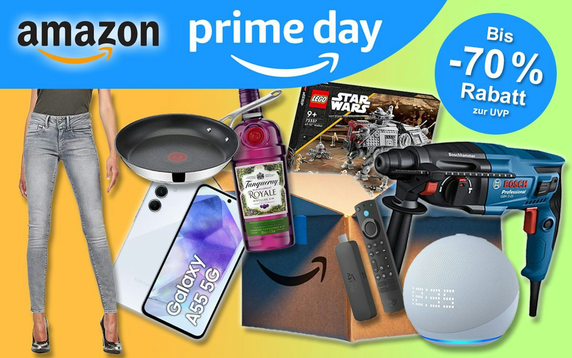 Anordnung von reduzierten Produkten zum Amazon Prime Day wie Bosch Professional Bohrhammer, Fire TV Stick, Lego Star Wars, Amazon Echo Dot 5, Samsung Galaxy A55, Tefal Jamie Oliver Pfanne, Tanqueray Gin.