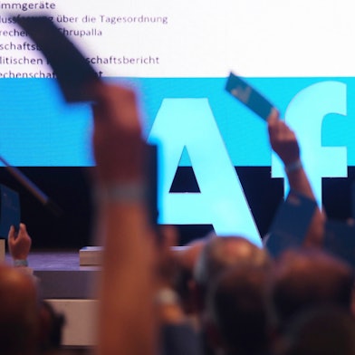 Delegierte halten beim Landesparteitag der sächsischen AfD Stimmkarten in die Höhe.