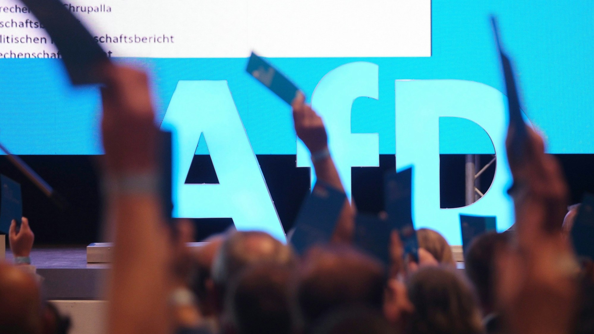 Delegierte halten beim Landesparteitag der sächsischen AfD Stimmkarten in die Höhe.