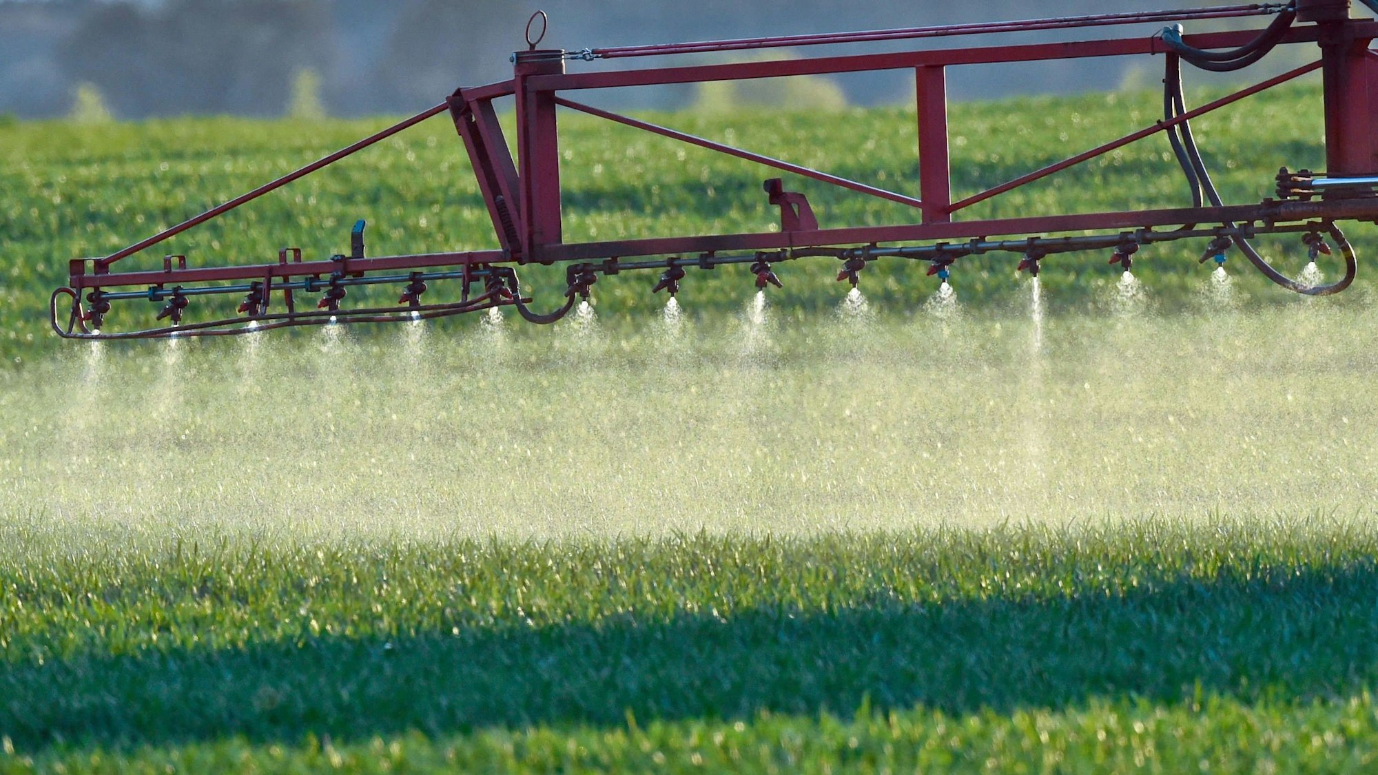 Ein Landwirt fährt mit einer Dünger- und Pestizidspritze über ein Feld.