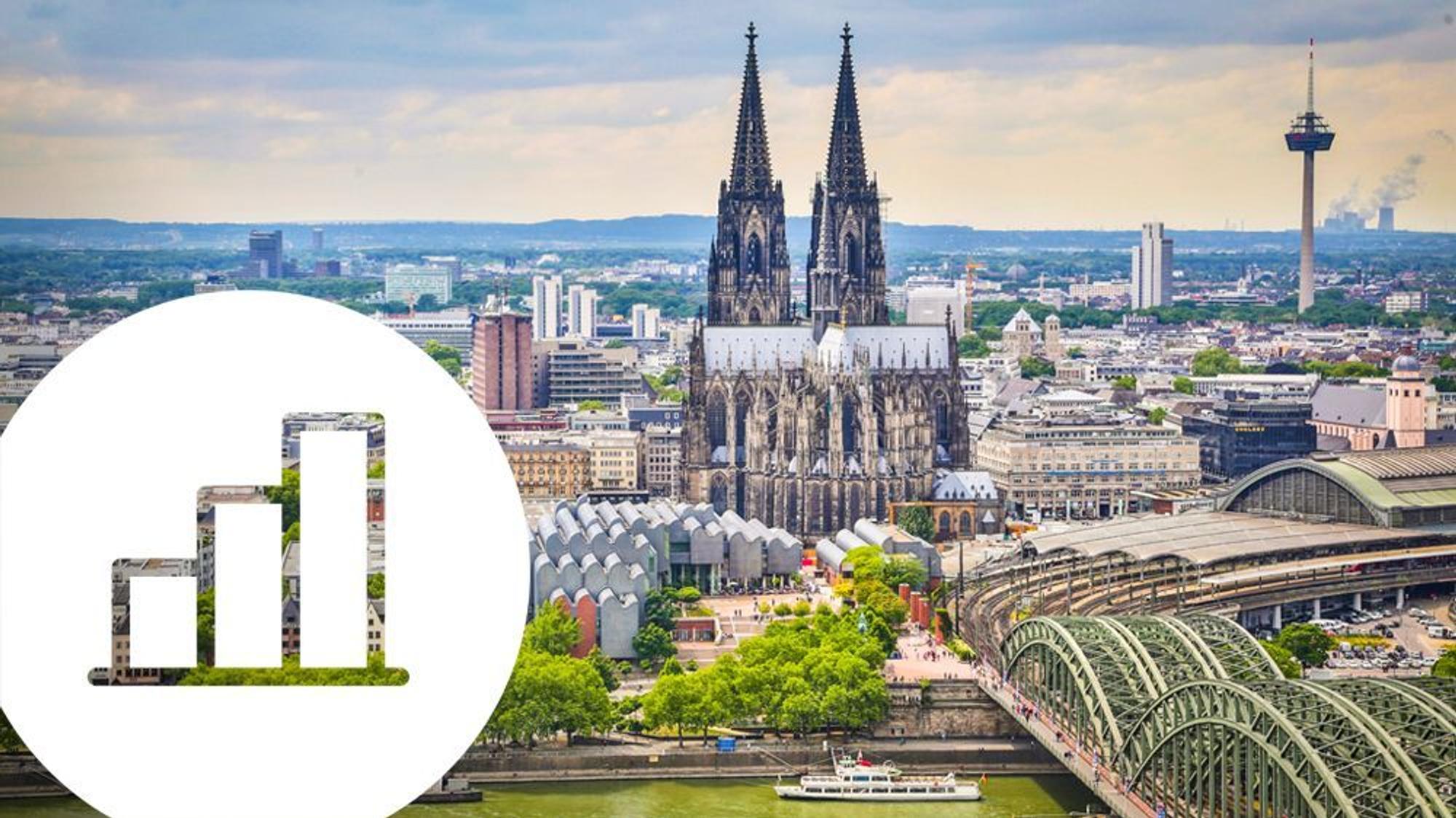 Luftaufnahme der linken Rheinseite mit Blick auf Dom, Colonius und die Hohenzollernbrücke.