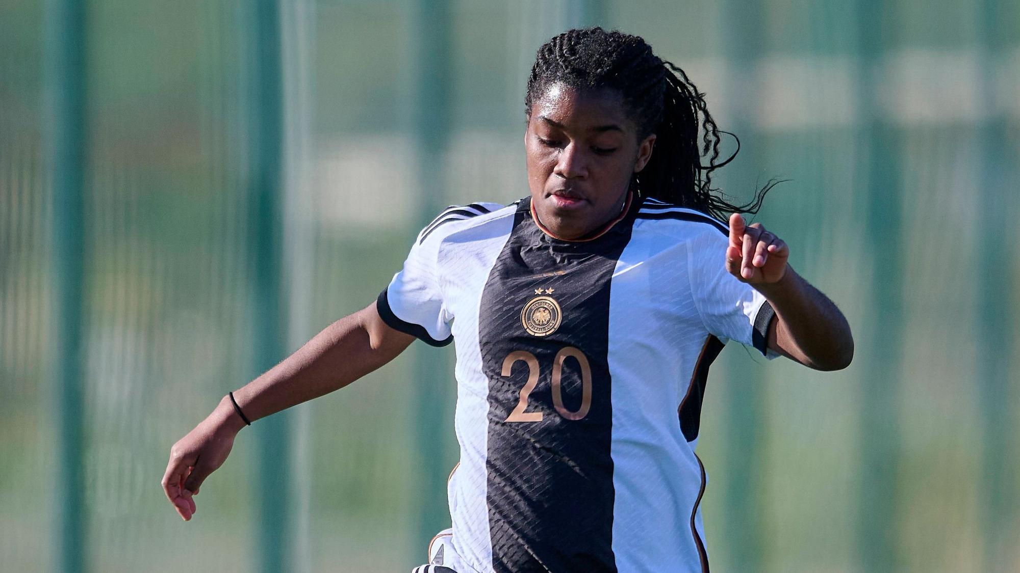 Friendly Match, Germany WU19 and Italy WU19, Benidorm. SPAIN BENIDORM, SPAIN - FEBRUARY 27: Delice Boboy of Germany WU19 Frauen and Bayer Leverkusen W in action during the International Womens Friendly match between Germany WU19 and Italy WU19 at La Nucia Football Center, on February 27, 2024 in La Nucia, Benidorm, Spain. Photo By Francisco Macia/Photo Players Images La Nucia La Nucia Football Centre Alicante Spain Copyright: xFranciscoxMacia/PhotoxPlayersxImagesx