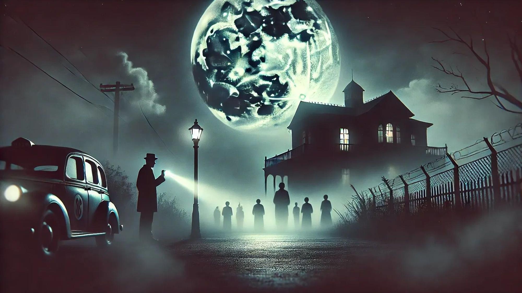 Mann mit Taschenlampe vor einem nebeligen Haus mit mysteriösen Gestalten.