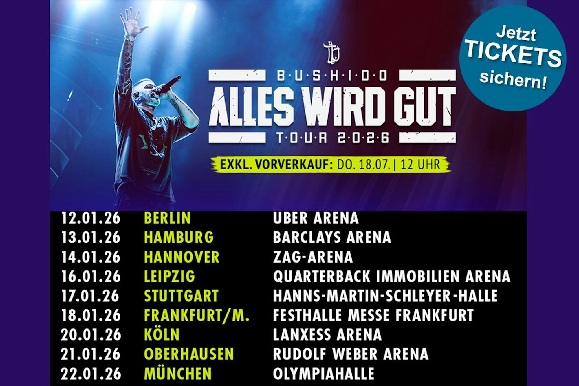 Überblick über die Tourdaten der Bushido Alles wird gut-Tour 2026