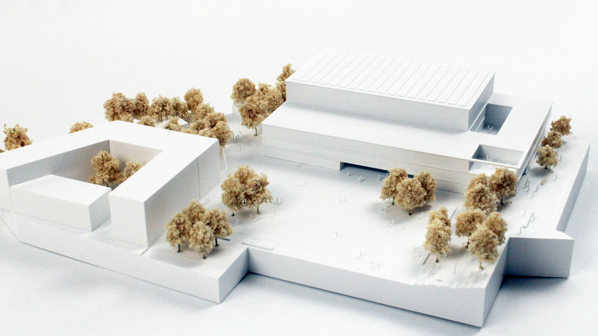 Das Modell zeigt die Halle und ein Nachbargebäude in Weiß, beide sind von Bäumen umgeben.