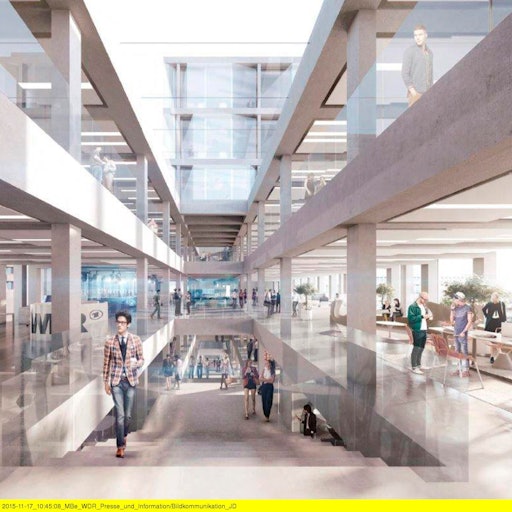 Die Visualisierung zeigt den Blick in das neue WDR-Filmhaus.