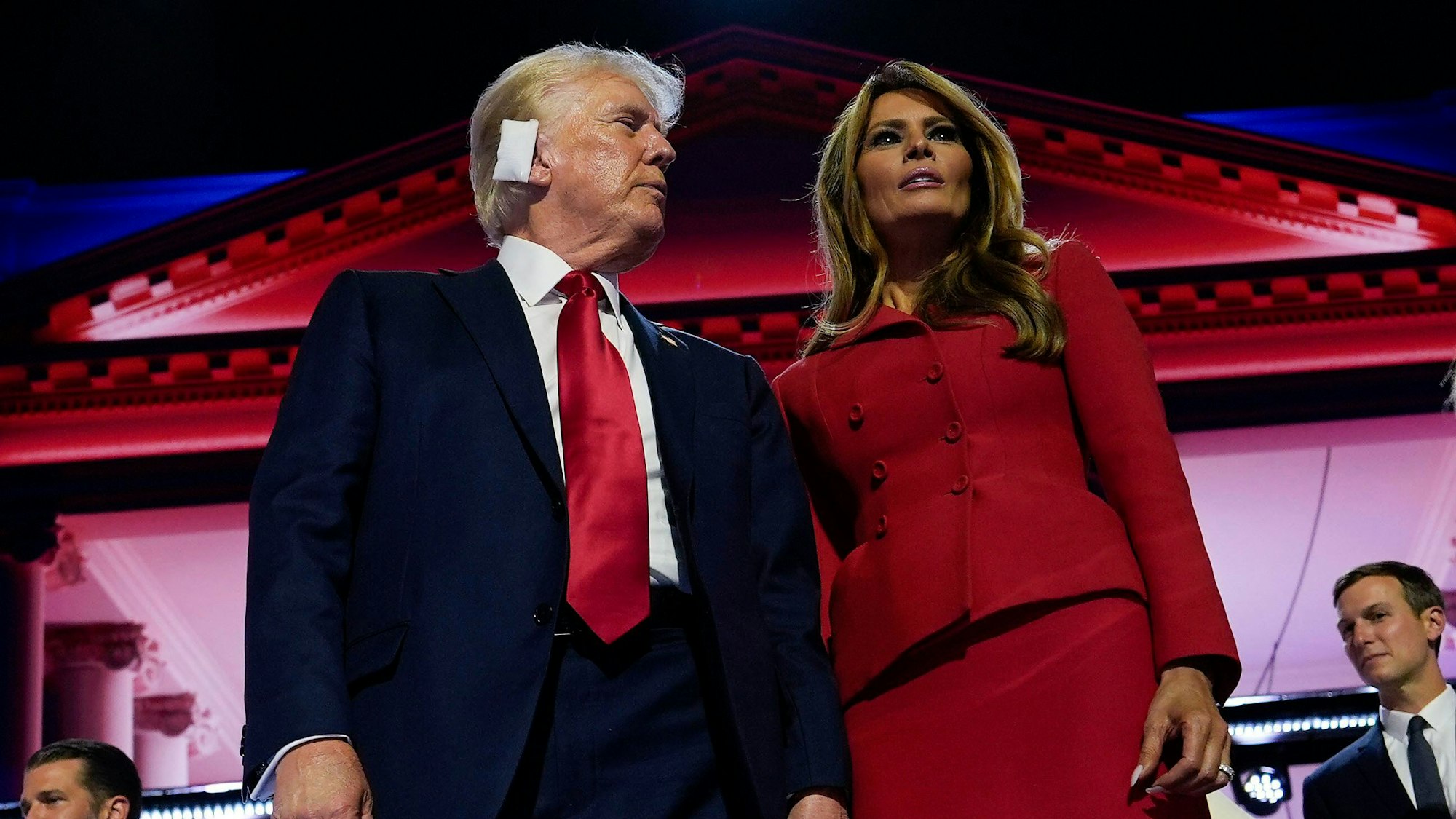 Republican presidential candidate former President Donald Trump, stands on stage with Melania Trump after speaking during the Republican National Convention, Thursday, July 18, 2024, in Milwaukee. (AP Photo/Julia Nikhinson)