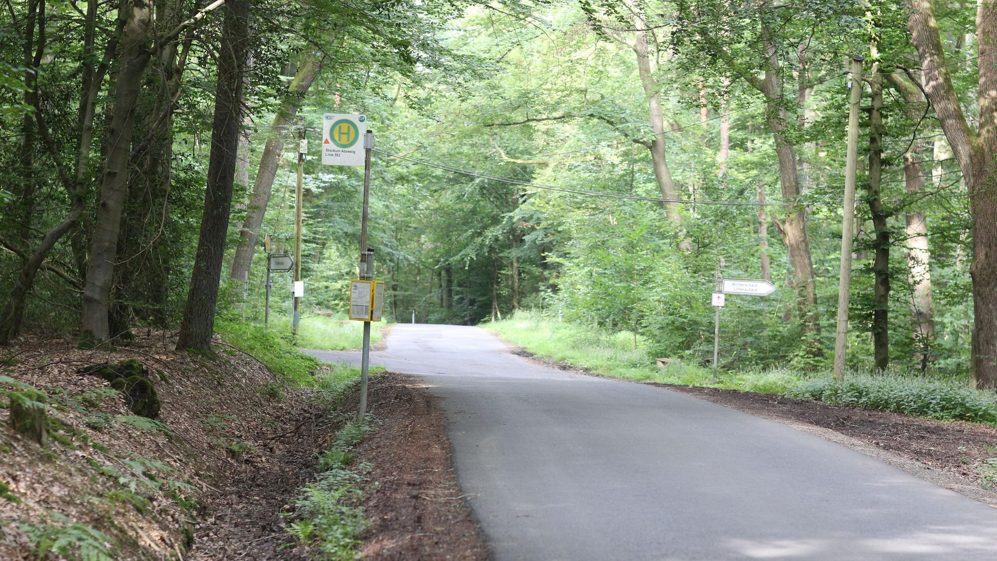Die Haltestelle Stockum in Ruppichteroth besteht nur aus Eisenstange, Fahrplan und Schild.