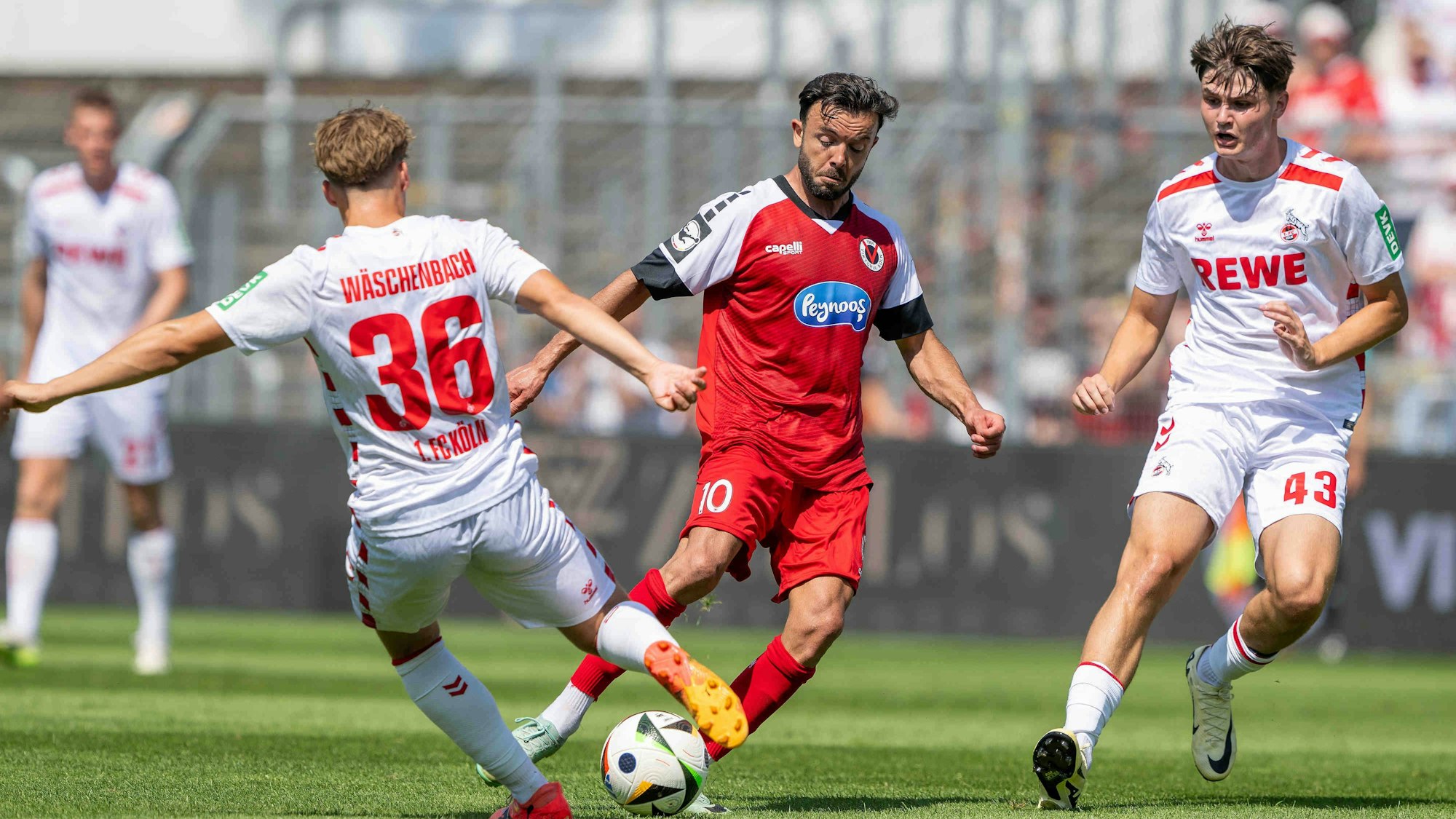 GER, Jubiläum 120 Jahre FC Viktoria Koeln vs. 1. FC Köln, Saison 2024/25 / 20.07.2024, Sportpark Hoehenberg, Koeln, GER, Jubiläum 120 Jahre FC Viktoria Koeln vs. 1. FC Köln, Saison 2024/25 Im Bild: Meiko Waeschenbach 1. FC Koeln, 36 Albion Vrenezi, FC Viktoria Koeln, 10 Maximilian Schmid 1. FC Koeln, 43 im Zweikampf, Duell, Dynamik, Aktion, Action, Spielszene *** GER, Anniversary 120 years FC Viktoria Koeln vs 1 FC Köln, season 2024 25 20 07 2024, Sportpark Hoehenberg, Koeln, GER, Anniversary 120 years FC Viktoria Koeln vs 1 FC Köln, season 2024 25 In the picture Meiko Waeschenbach 1 FC Koeln, 36 Albion Vrenezi, FC Viktoria Koeln, 10 Maximilian Schmid 1 FC Koeln, 43 in duel, duel, dynamics, action, action, game scene nordphotoxGmbHxx/xDenkinger nph00015