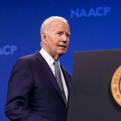 President Joe Biden takes the stage to speak at the 115th NAACP National Convention in Las Vegas, Tuesday, July 16, 2024. Biden tested positive for COVID-19 on Wednesday. (AP Photo/Susan Walsh)