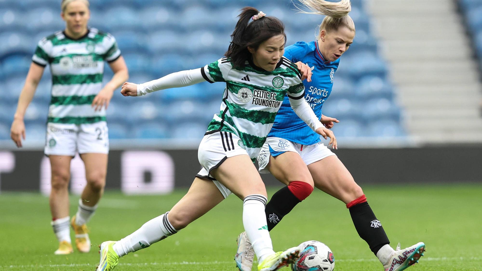 Football - 2023 / 2024 Womens Scottish Premier League - Rangers vs Celtic - Ibrox Stadium - Sunday 18th February 2024 Brogan Hay of Rangers vies with Shen Menglu of Celtic PUBLICATIONxNOTxINxUK