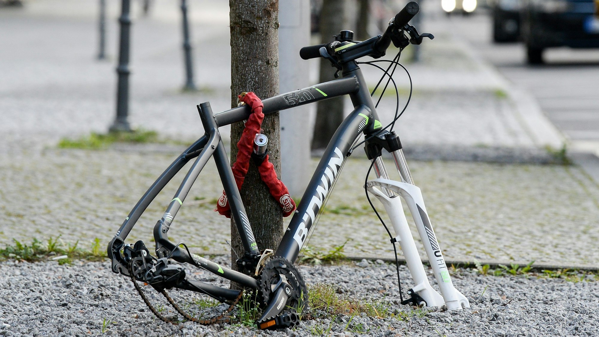 Reifen und Sattel eines Fahrrads sind vom angeschlossenen Rahmen abmontiert worden.