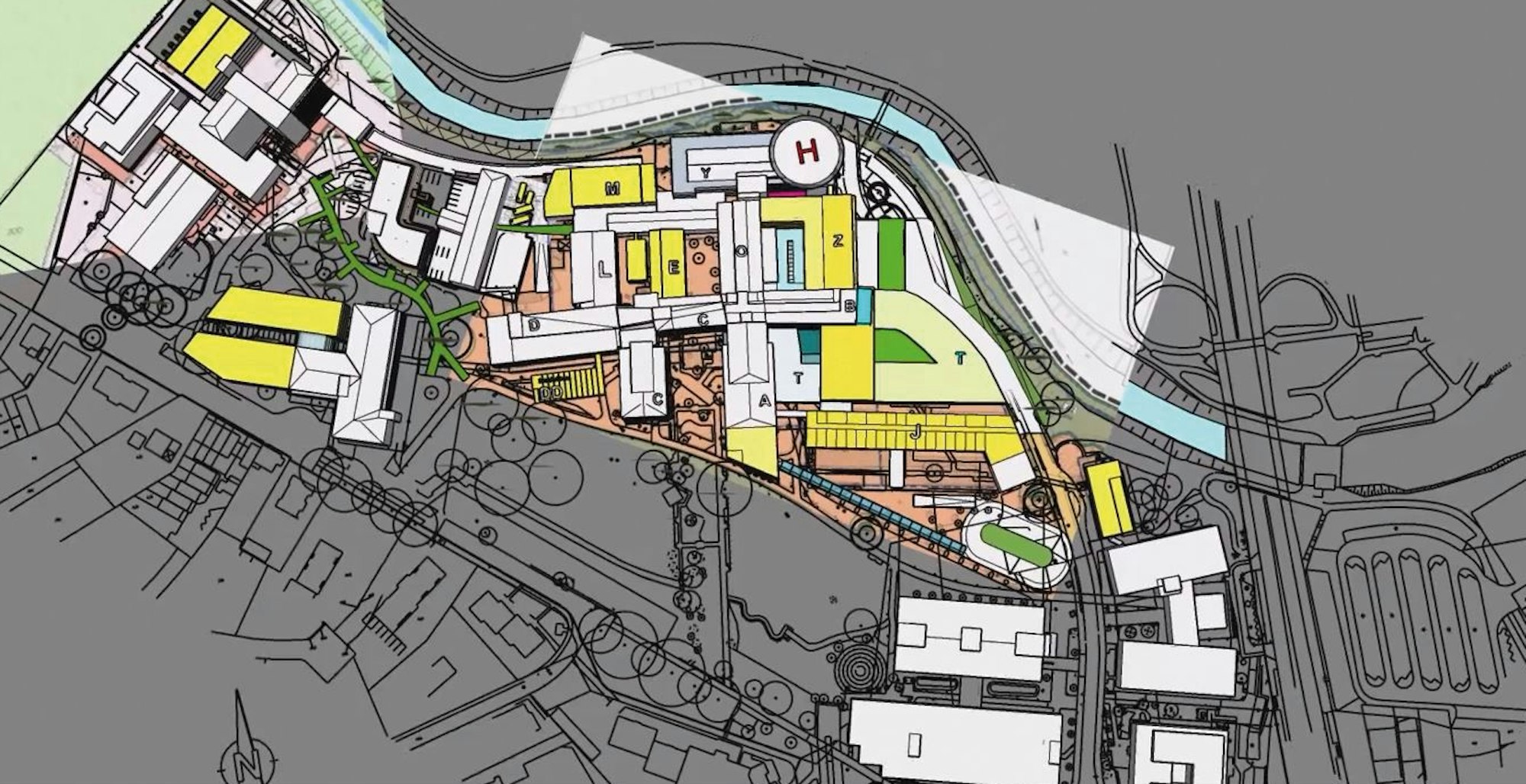 So stellt sich die Leitung das Klinikum in Zukunft vor. In Gelb die neuen oder umgebauten Gebäude, vorne (Teil A) der neue Eingangsbereich.
