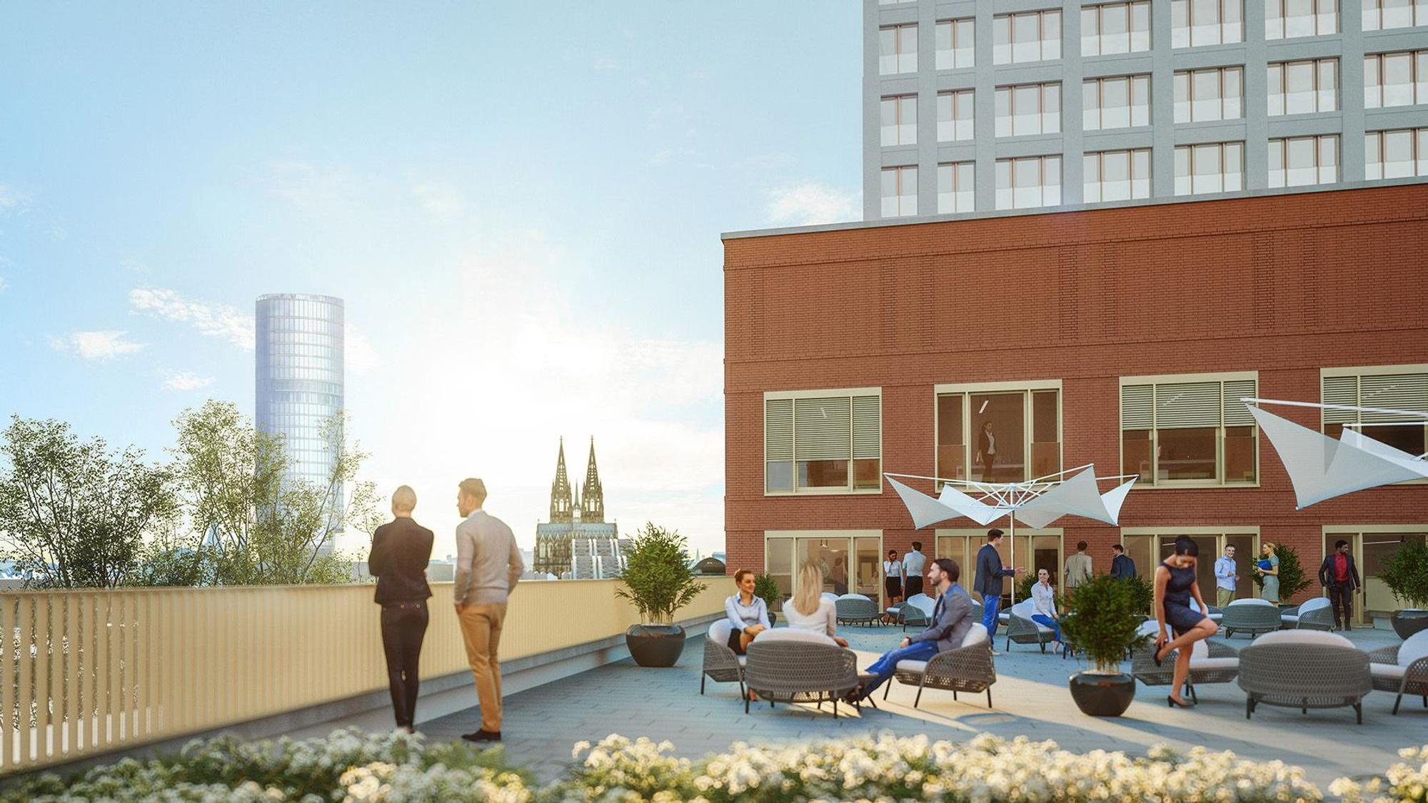 Die Visualisierung zeigt Menschen auf einer Terrasse, im Hintergrund ist unter anderem der Dom zu sehen.