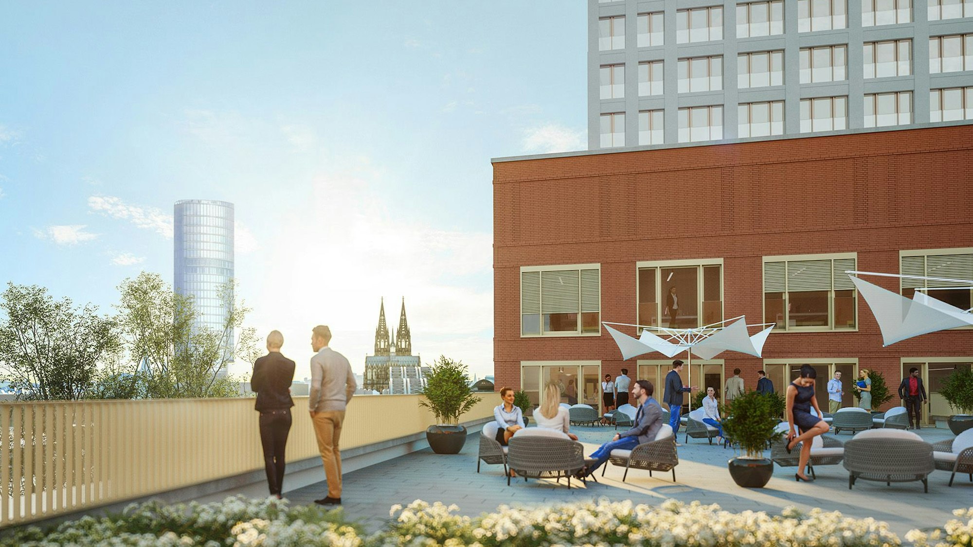 Die Visualisierung zeigt Menschen auf einer Terrasse, im Hintergrund ist unter anderem der Dom zu sehen.