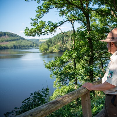 Ranger Ralf Hilgers steht in dunkelbrauner Hose, beigem Hemd und braunem Rangerhut an einem Holzgeländer und schaut auf den Rursee.