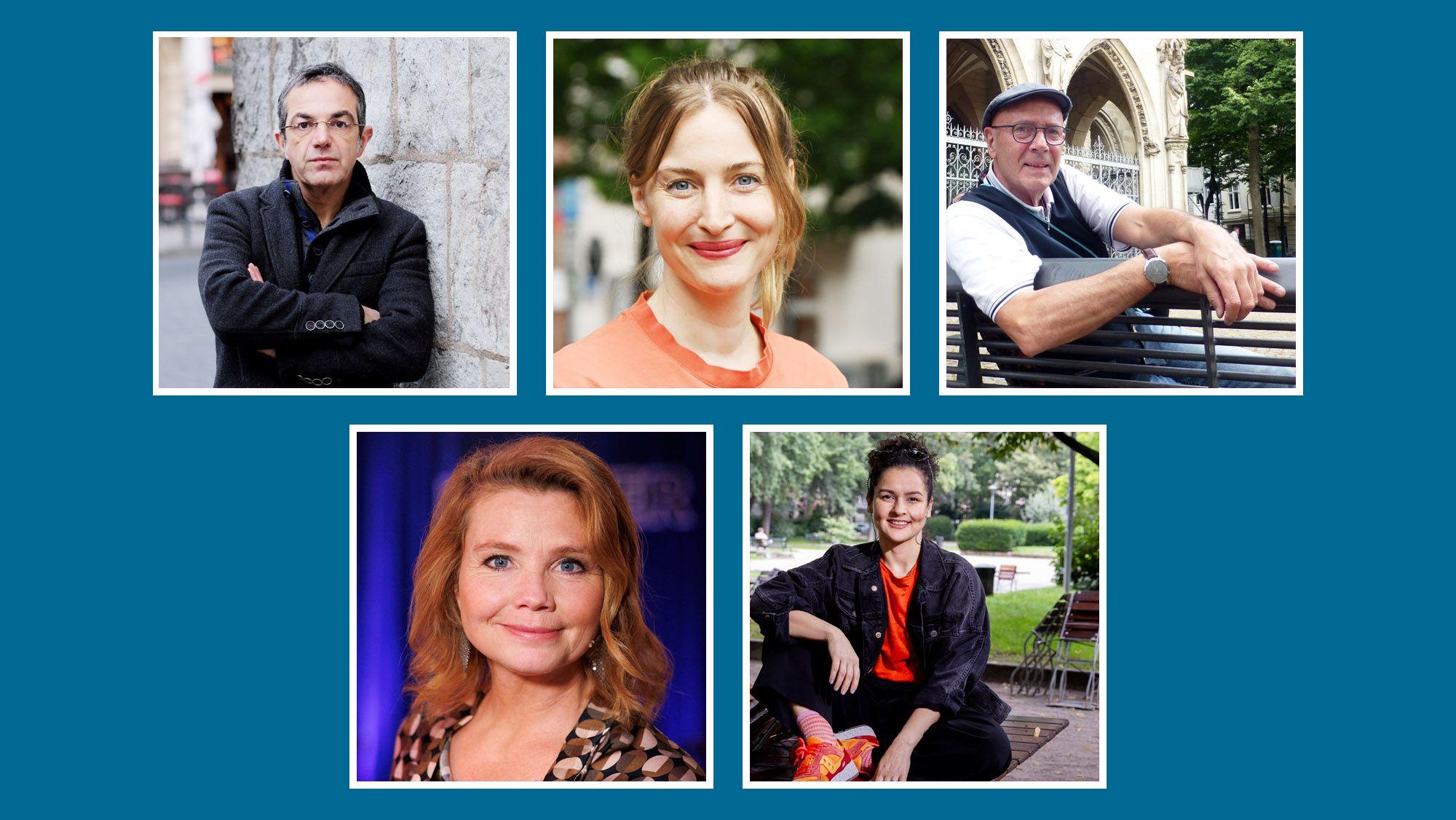 Bildkombo aus Portraits von (im Uhrzeigersinn): Navid Kermani, Ines Westernströer, Günter Leitner, Annette Frier und Naghme Alaei.
Fotos: Alexander Schwaiger (Ines Westernströer), Michael Bause (Naghme Alaei), Günter Leitner (Günter Leitner), Max Grönert (Navid Kermani), IMAGO/Panama Pictures/Christoph Hardt (Annette Frier)