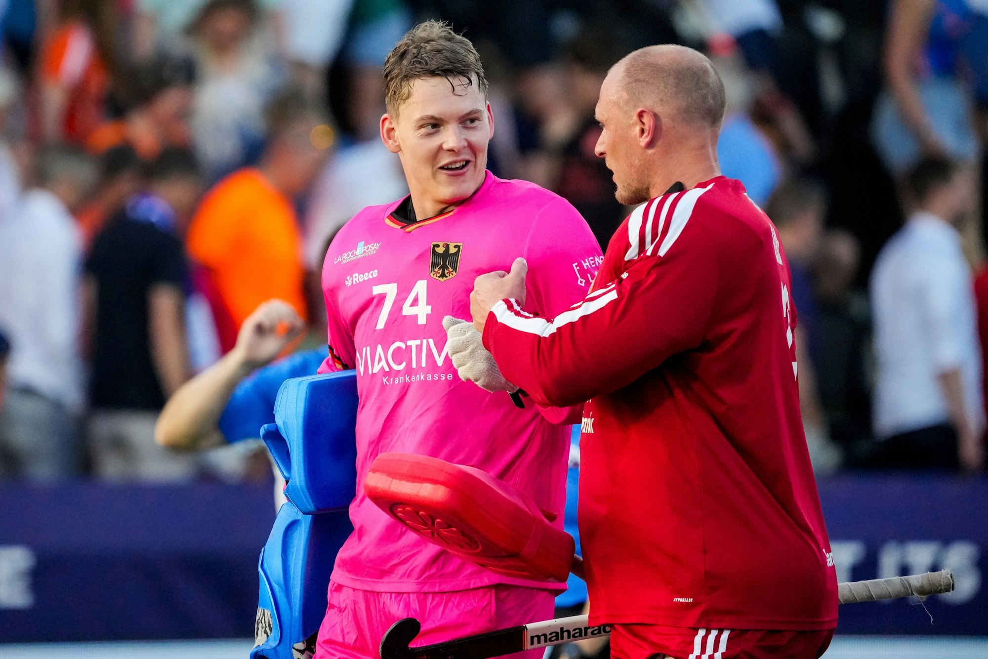 2024-06-27 Netherlands v Germany - 2023-2024 FIH Hockey Pro League AMSTERDAM, NETHERLANDS - JUNE 27: Germany goalkeeper Jean-Paul Danneberg in conversation with Netherlands goalkeeper Pirmin Blaak after the penalty shoot out during the FIH Hockey Pro League Men s match between Netherlands and Germany at the Wagener Stadion on June 27, 2024 in Amsterdam, Netherlands. Photo by Rene Nijhuis/BSR Agency Amsterdam Netherlands Content not available for redistribution in The Netherlands directly or indirectly through any third parties. Copyright: xBSRxAgencyx