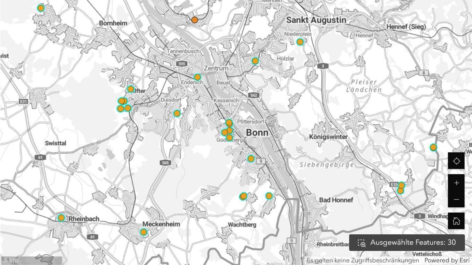 Eine Karte von Bonn und Umgebung. Darin sind orangefarbene Markierungen für die Fundorte zu sehen.