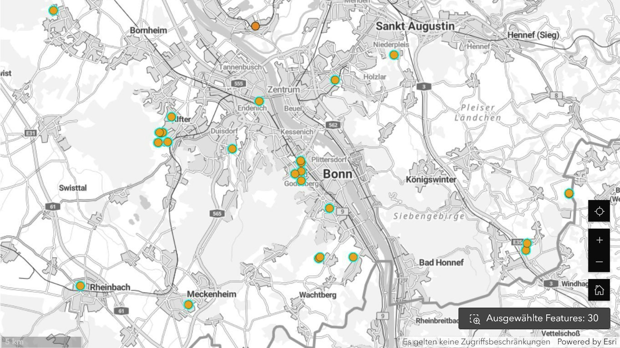Eine Karte von Bonn und Umgebung. Darin sind orangefarbene Markierungen für die Fundorte zu sehen.