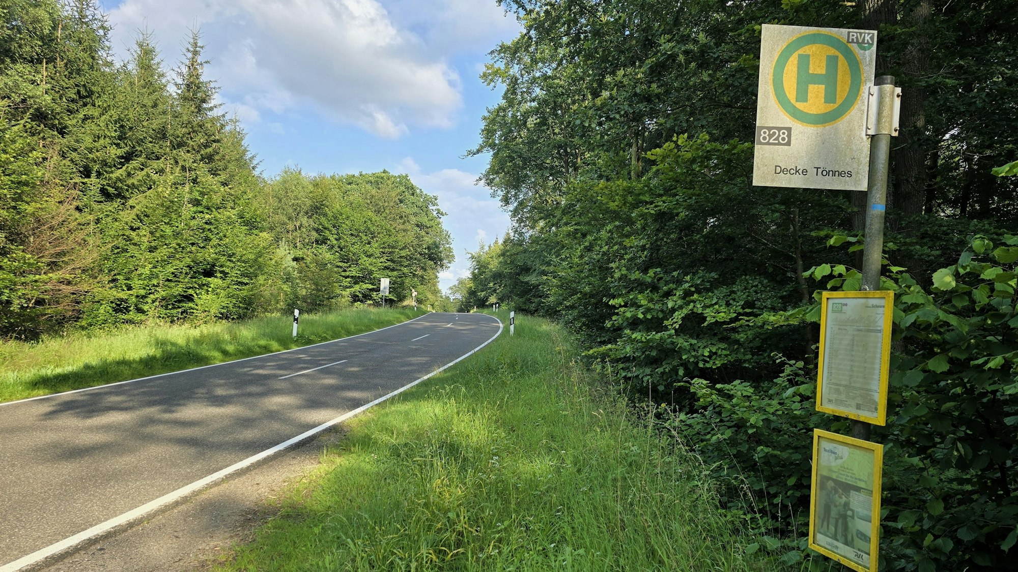 Nur wenige Meter von der bekannten Waldkapelle Decke Tönnes zwischen Effelsberg und Bad Münstereifel entfernt, steht ein Bushalteschild an einer Landstraße. Rechts im Bild die Haltestelle, mittig Wiese, links die asphaltierte Straße.