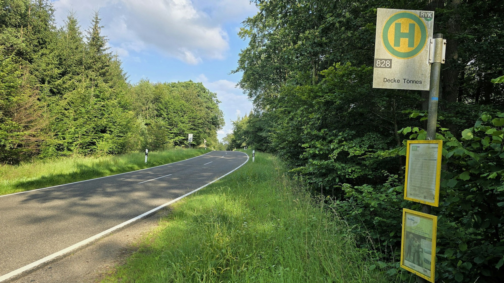 Nur wenige Meter von der bekannten Waldkapelle Decke Tönnes zwischen Effelsberg und Bad Münstereifel entfernt, steht ein Bushalteschild an einer Landstraße. Rechts im Bild die Haltestelle, mittig Wiese, links die asphaltierte Straße.