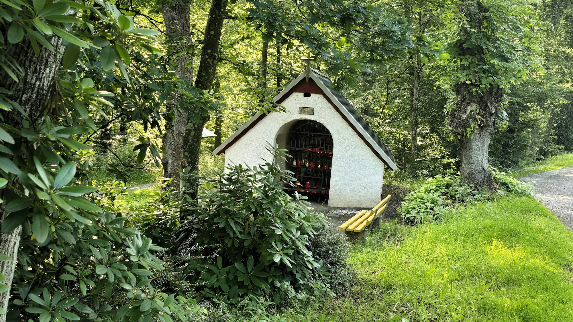 Die Waldkapelle Decke Tönnes im Münstereifeler Wald ist auf Entfernung versteckt hinter Büschen zu sehen.