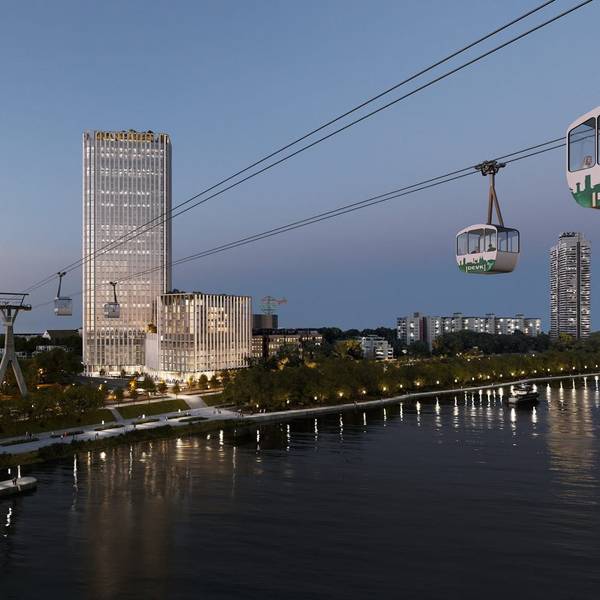Die Visualisierung zeigt den Siegerentwurf von JSWD für das DEVK-Hochhaus.