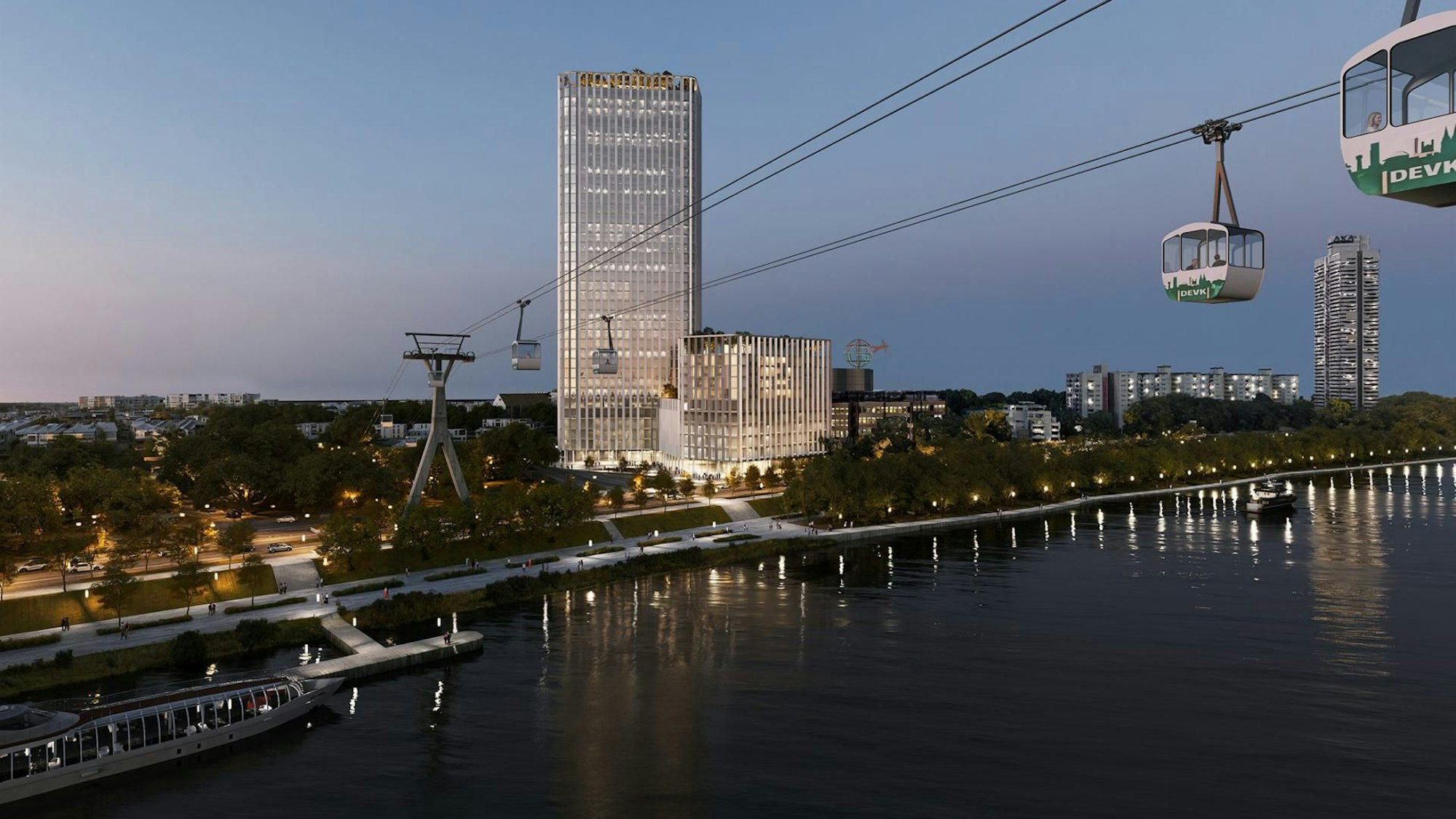 Die Visualisierung zeigt den Siegerentwurf von JSWD für das DEVK-Hochhaus.