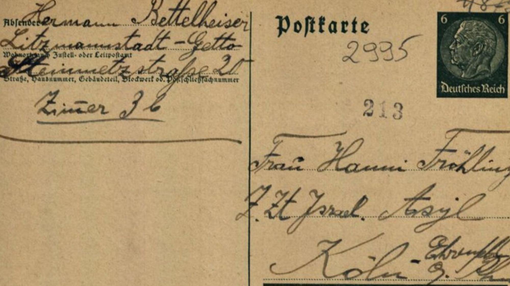 Diese Postkarte schrieb das Ehepaar Meta und Hermann Bettelheiser aus Waldbröl im Dezember 1941 aus dem Ghetto in Litzmannstadt (Lodz) an Nichte Hanni Fröhling in Köln.
