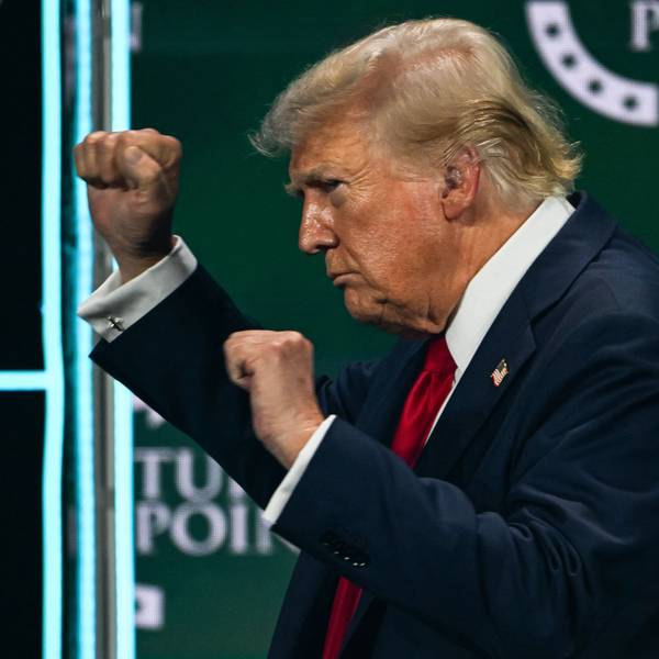 Former US President and 2024 Republican presidential candidate Donald Trump gestures after speaking at Turning Point Action's "The Believers Summit" in West Palm Beach, Florida, on July 26, 2024. (Photo by CHANDAN KHANNA / AFP)