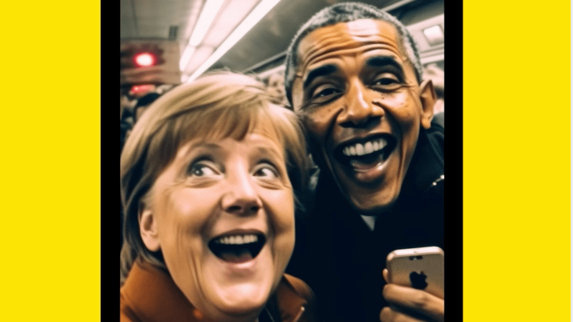 Auf einem gefälschten Bild stehen Merkel und Obama in der U-Bahn.