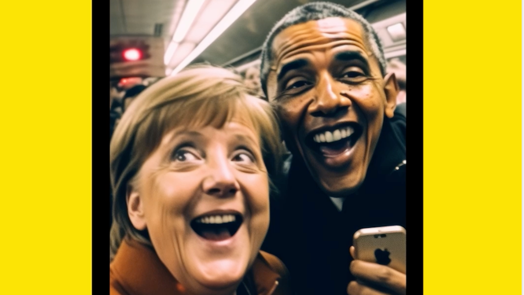 Auf einem gefälschten Bild stehen Merkel und Obama in der U-Bahn.