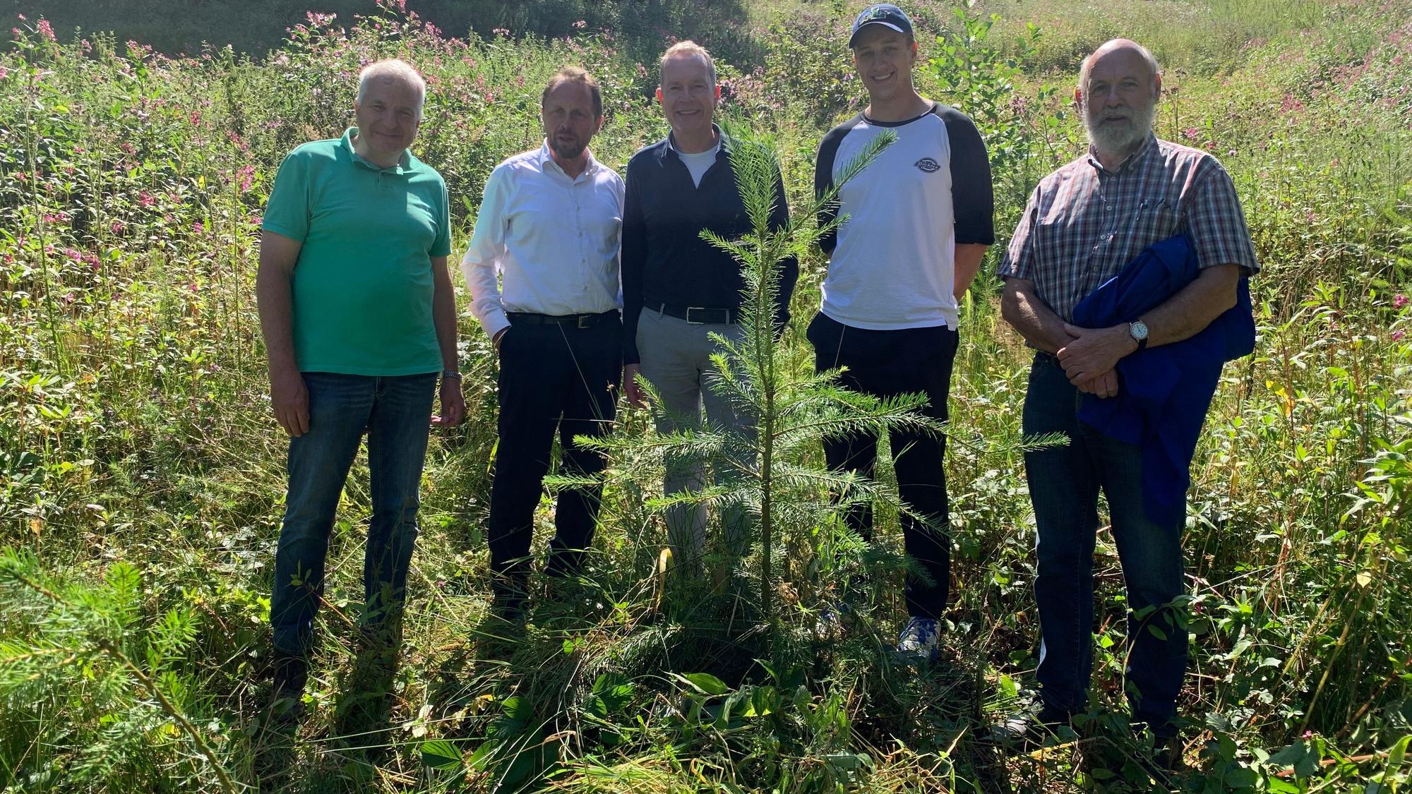 Rainer Deppe (v.l., Vorsitzender der Schutzgemeinschaft Deutscher Wald Rhein-Berg und Leverkusen), Oberbürgermeister Uwe Richrath, Thomas Eimermacher (EVL-Geschäftsführer), Nels Halbach (Forstwirt und Erster Vorsitzender der Forstbetriebsgemeinschaft Leverkusen-Leichlingen) und Karl Zimmermann (stellvertretender Vorsitzender der SDW Rhein-Berg und Leverkusen) freuen sich über eine bereits gut entwickelte Douglasie.h