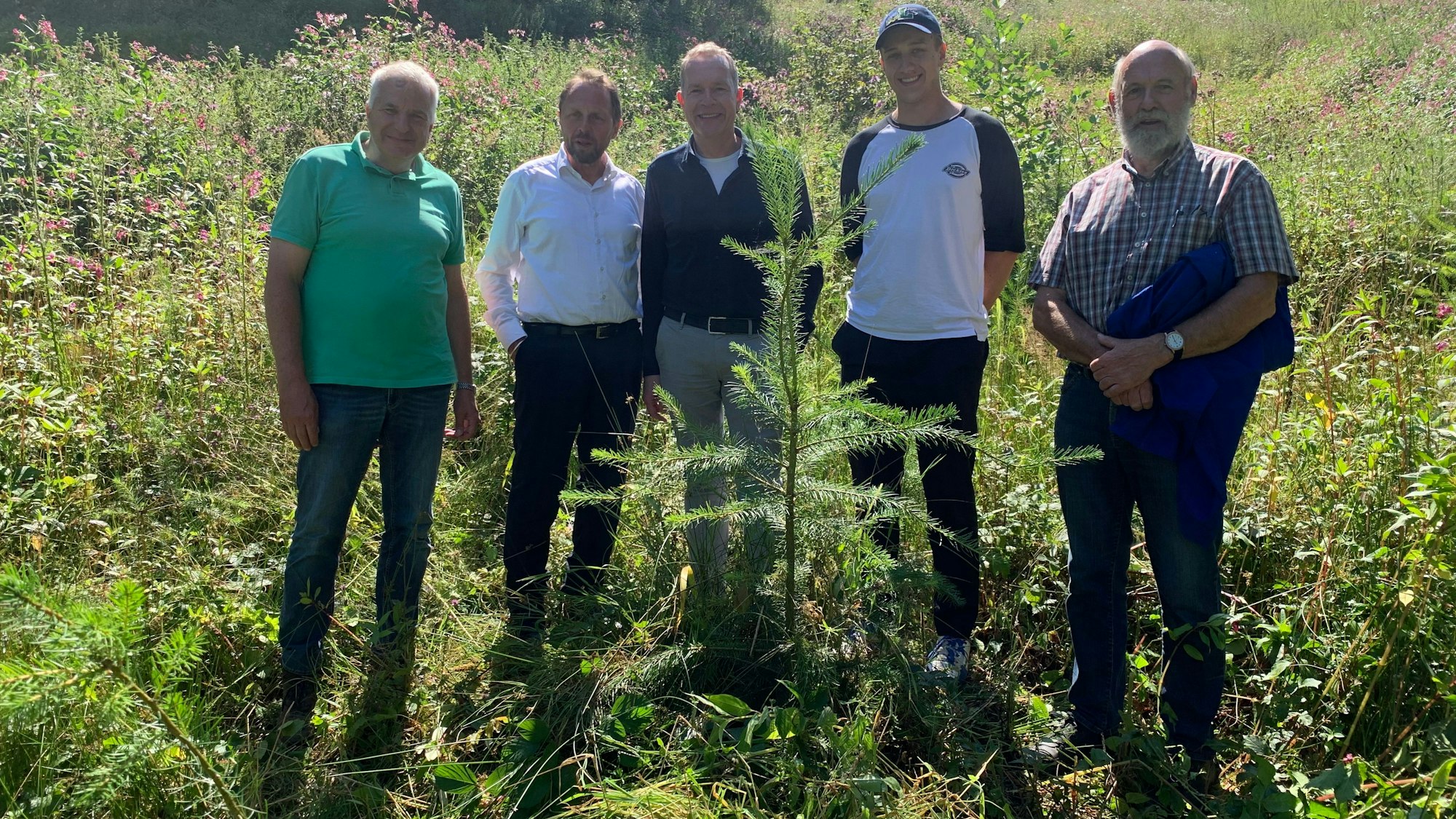 Rainer Deppe (v.l., Vorsitzender der Schutzgemeinschaft Deutscher Wald Rhein-Berg und Leverkusen), Oberbürgermeister Uwe Richrath, Thomas Eimermacher (EVL-Geschäftsführer), Nels Halbach (Forstwirt und Erster Vorsitzender der Forstbetriebsgemeinschaft Leverkusen-Leichlingen) und Karl Zimmermann (stellvertretender Vorsitzender der SDW Rhein-Berg und Leverkusen) freuen sich über eine bereits gut entwickelte Douglasie.h