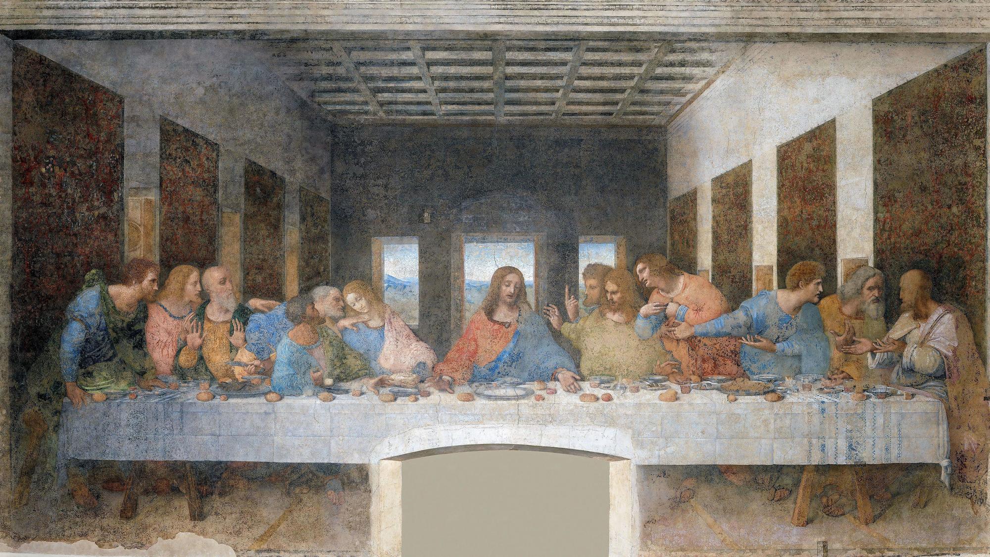 Christus sitzt mit seinen Jüngern an einem Tisch.