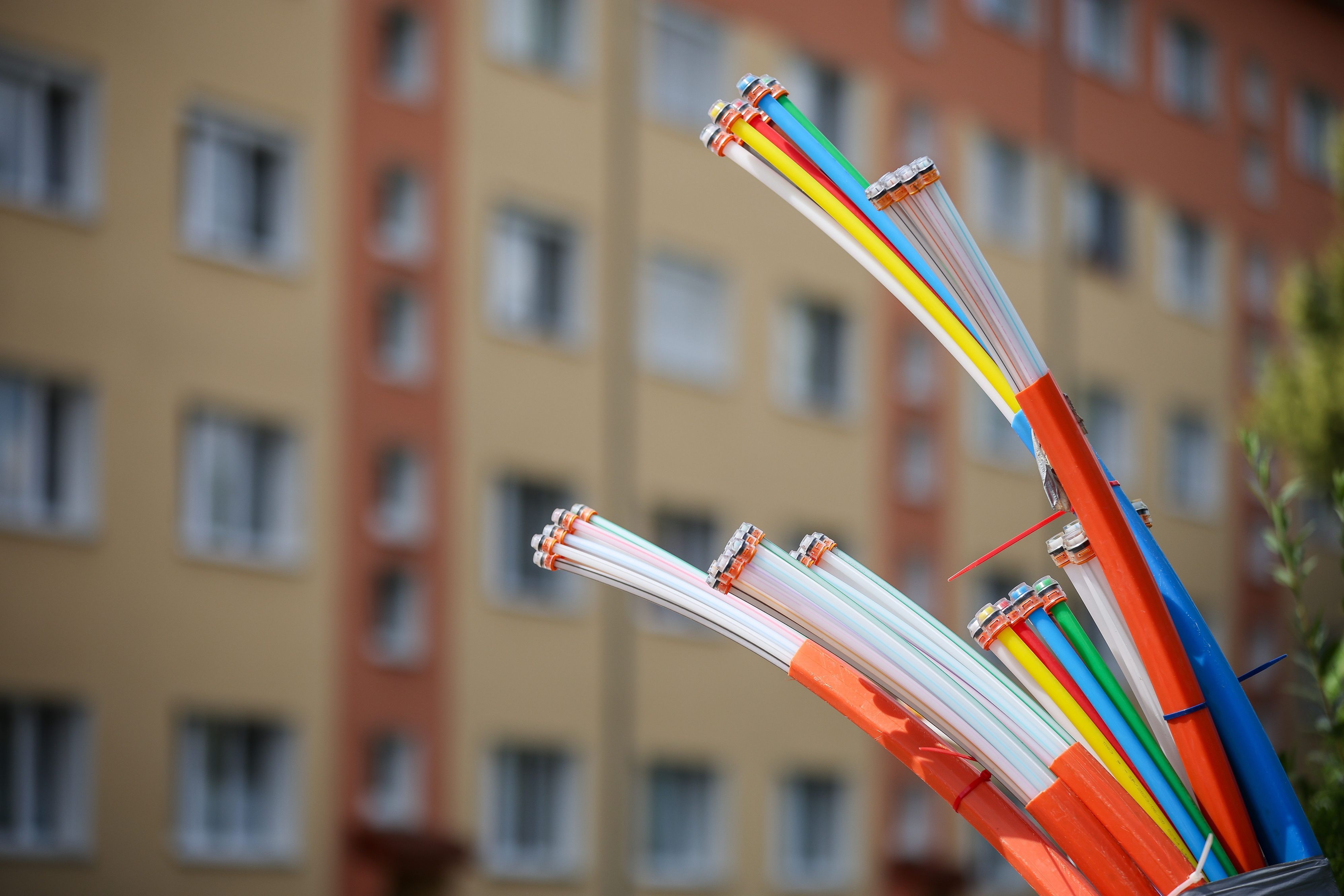 Aus dem Sockel eines Schaltschranks ragen Glasfaserkabel heraus. Unbekannte haben in Teilen Frankreichs in der Nacht Glasfasernetze beschädigt.
