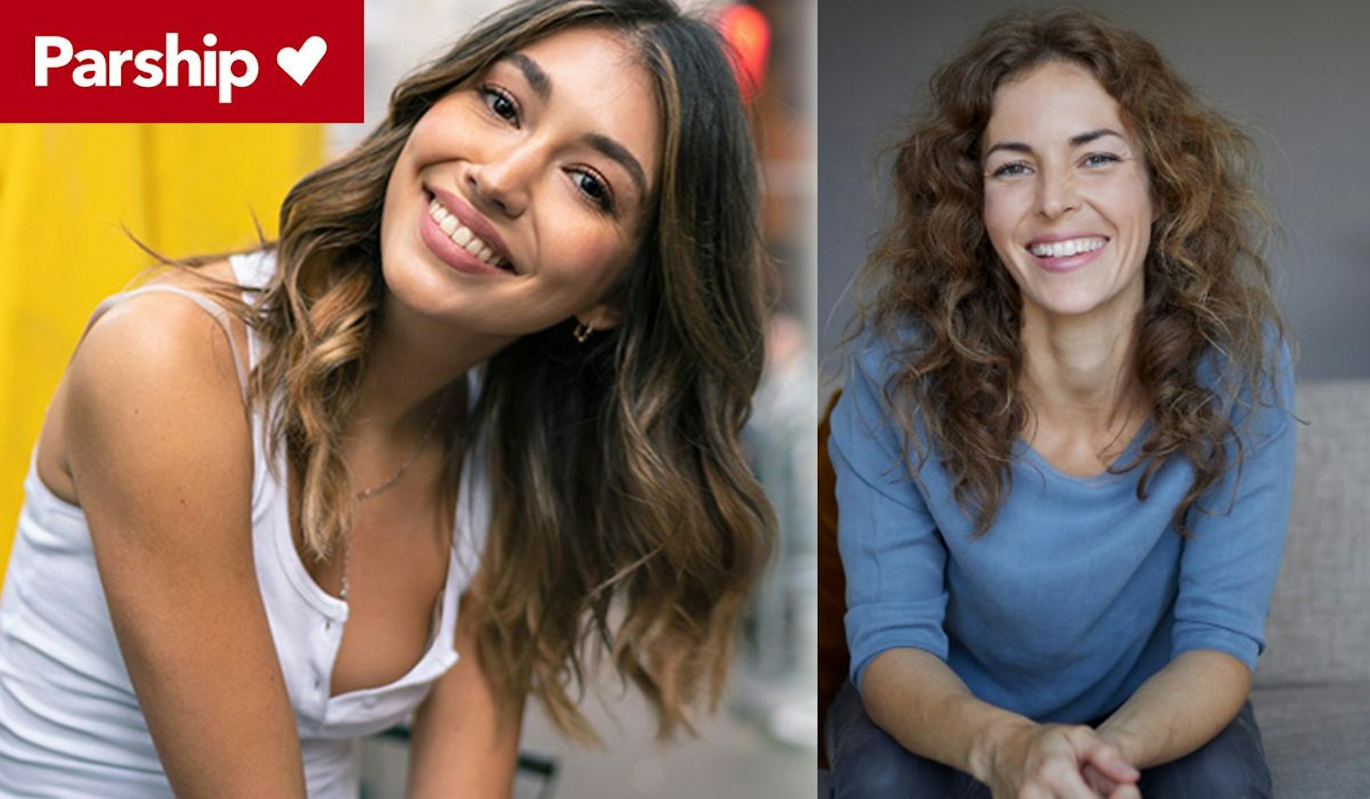 Zwei junge Frauen lächeln in die Kamera. Logo von Parship Partnervermittlung.
