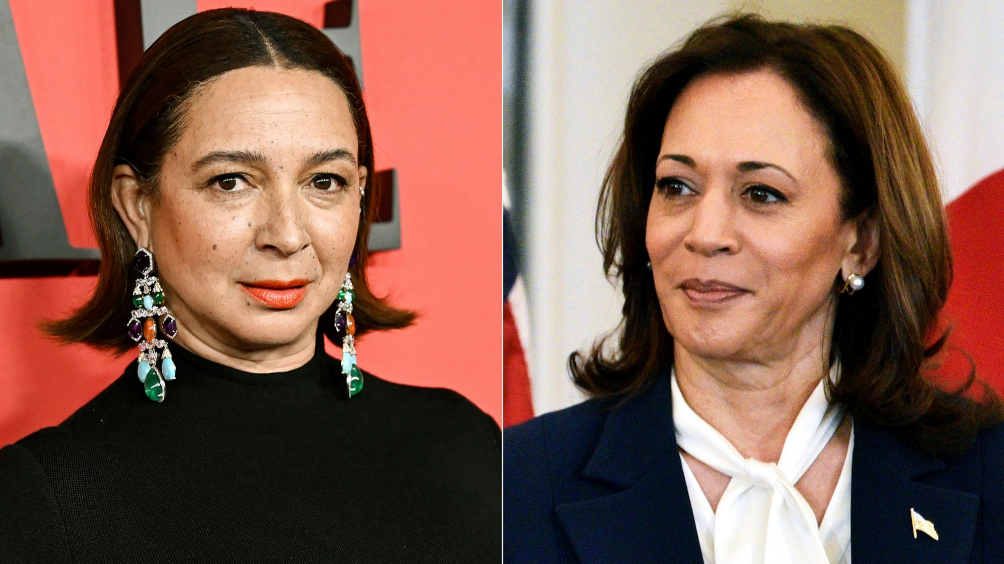 Maya Rudolph erscheint bei der Time100 Gala in New York am 25. April 2024, links, und Vizepräsidentin Kamala Harris erscheint bei einem Mittagessen für den japanischen Premierminister Fumio Kishida im Außenministerium in Washington am 11. April 2024.