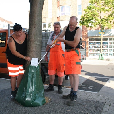 An größeren Bäumen werden zwei Säcke befestigt, sodass die doppelte Menge  Wasser zur Verfügung steht. Über Löcher am Boden läuft das Wasser über einen Zeitraum von mehreren Stunden ab. Auf dem Bild sind die Helfer in oranger Signalkleidung zu sehen, die die Säcke anbringen.